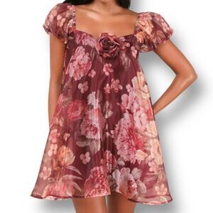 Lulus S Red Floral Organza Mini Dress Puff Sleeve Rosette Wedding Guest NWT Chic